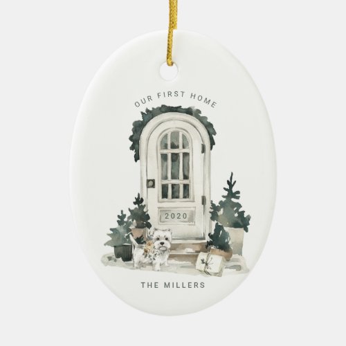 New Home for the Holidays  Door with Cute Dog Ceramic Ornament