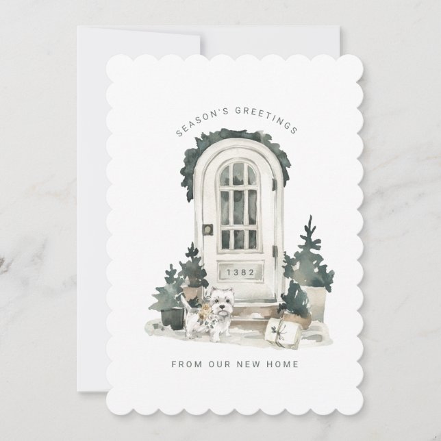 New Home for the Holidays | Door with Cute Dog Holiday Card (Front)