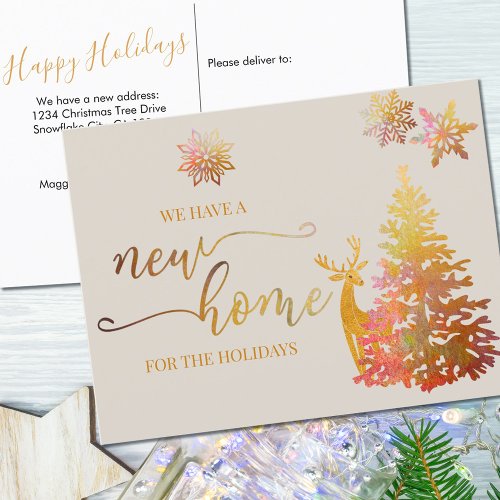 New Home for the Holidays Gold Deer Moving Announcement Postcard