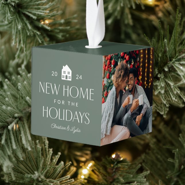 New home for the holidays green photo Christmas Cube Ornament (Tree)