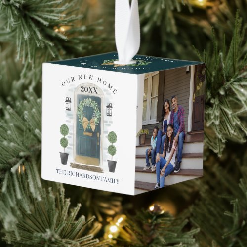 New Home For the Holidays Green Watercolor Door Cube Ornament