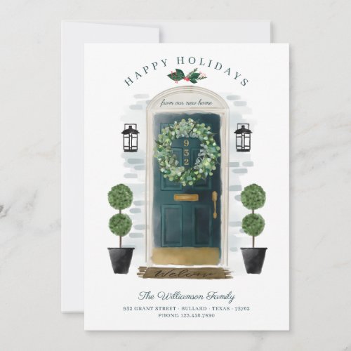 New Home For the Holidays Green Watercolor Door Holiday Card