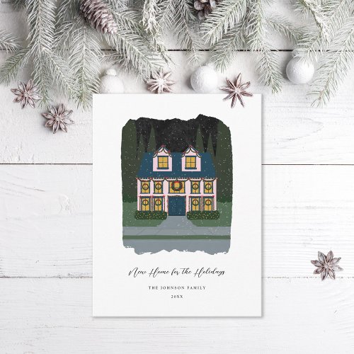 New Home for the Holidays Illustrated Holiday Postcard