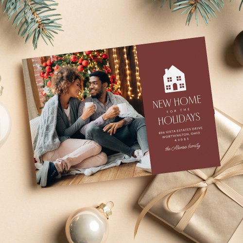 New home for the holidays maroon Christmas moving Holiday Card