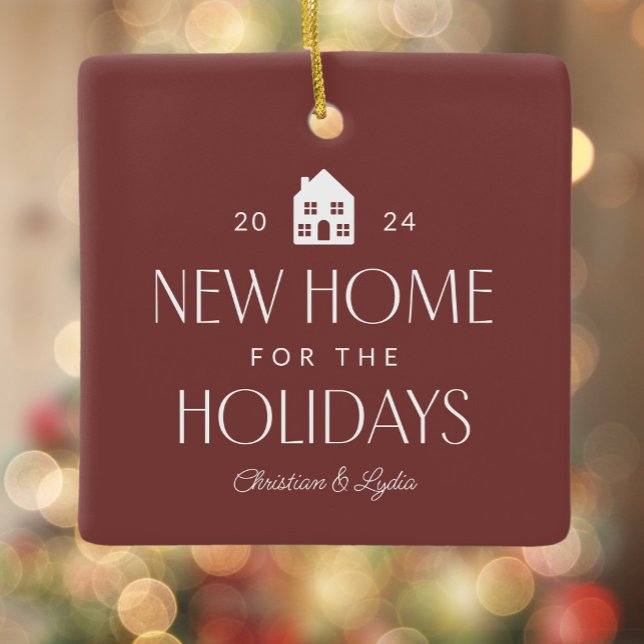 New home for the holidays maroon photo Christmas Ceramic Ornament (Creator Uploaded)