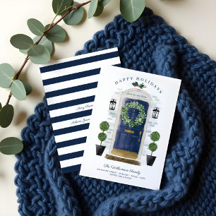 New Home For the Holidays Navy Watercolor Door Holiday Card