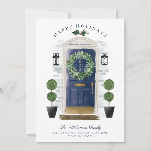 New Home For the Holidays Navy Watercolor Door Holiday Card