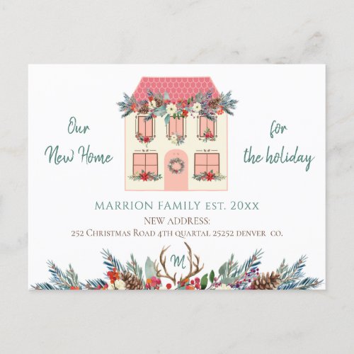 New home for the holidays pink house red moving announcement postcard