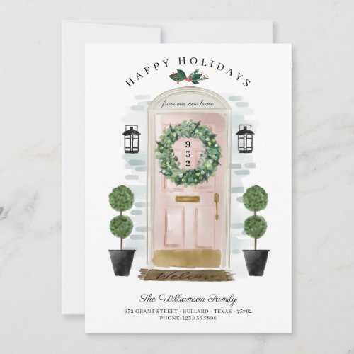New Home For the Holidays Pink Watercolor Door Holiday Card