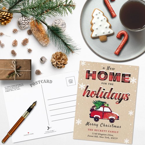 New Home for the Holidays Red Buffalo Plaid Announcement Postcard