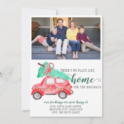 New Home for the Holidays Red Car Photo Moving Announcement
