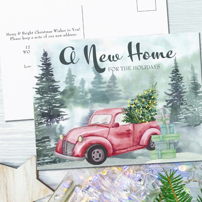 New Home for the Holidays Red Truck Misty Forest Holiday Postcard (Creator Uploaded)