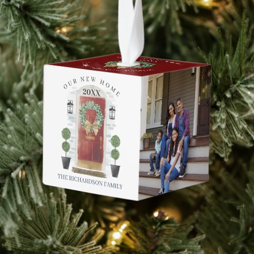 New Home For the Holidays Red Watercolor Door Cube Ornament