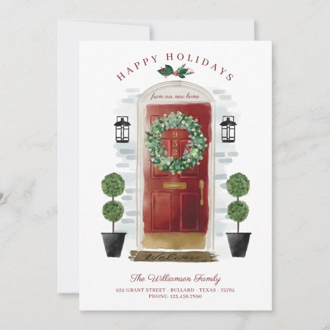 New Home For the Holidays Red Watercolor Door Holiday Card