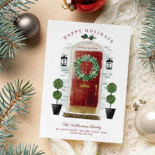 New Home For the Holidays Red Watercolor Door Holiday Card