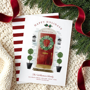 New Home For the Holidays Red Watercolor Door Holiday Card