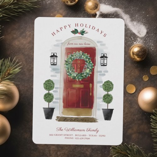 New Home For the Holidays Red Watercolor Door Holiday Card