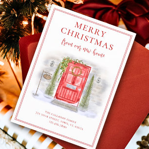 New Home For the Holidays Red Watercolor Door Holiday Card