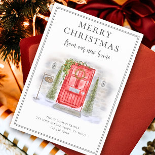 New Home For the Holidays Red Watercolor Door Holiday Card