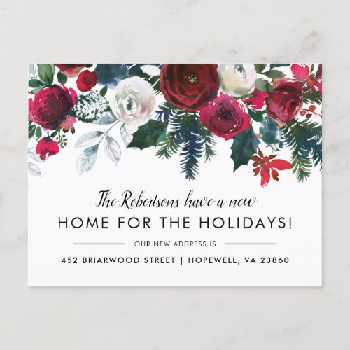 New Home for the Holidays Winter Floral Moving Announcement Postcard