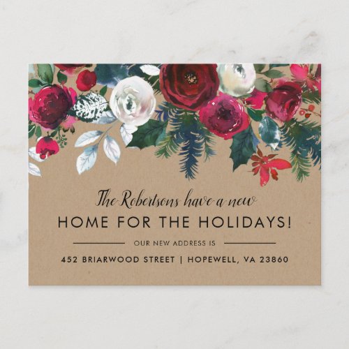 New Home for the Holidays Winter Floral Moving Announcement Postcard