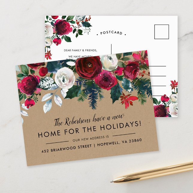 New Home for the Holidays Winter Floral Moving Announcement Postcard (Creator Uploaded)