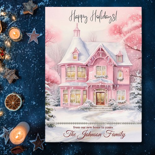 New Home for the Holidays Winter Scene Pink  Holiday Card