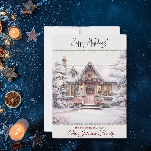 New Home for the Holidays Winter Scene Watercolor Holiday Card