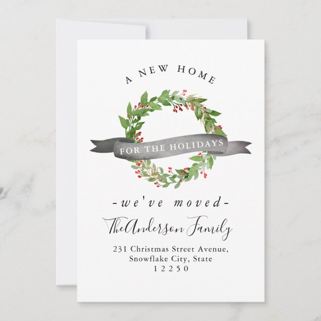 New Home For the Holidays Wreath Holiday Moving Announcement (Front)
