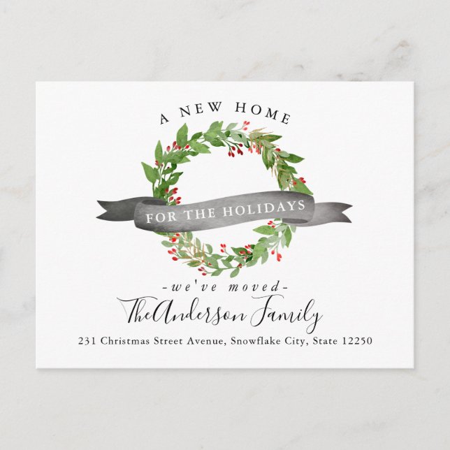 New Home For the Holidays Xmas Wreath Snow Moving Announcement Postcard (Front)
