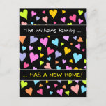 [ Thumbnail: New Home; Fun, Loving, Colorful Hearts Pattern Postcard ]