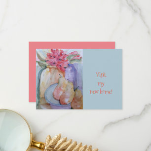 New home glass bottles and pears in a plate water thank you card