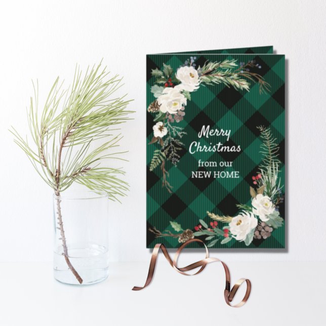 New Home Green Buffalo Plaid White Christmas Roses Holiday Card (Creator Uploaded)