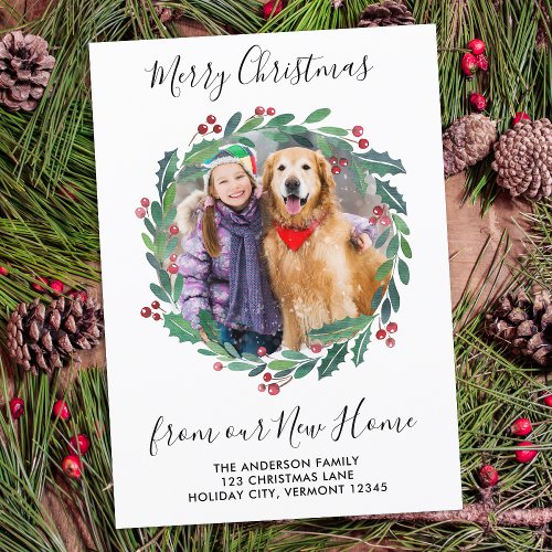 New Home Greenery Wreath Christmas Photo Moving  Announcement