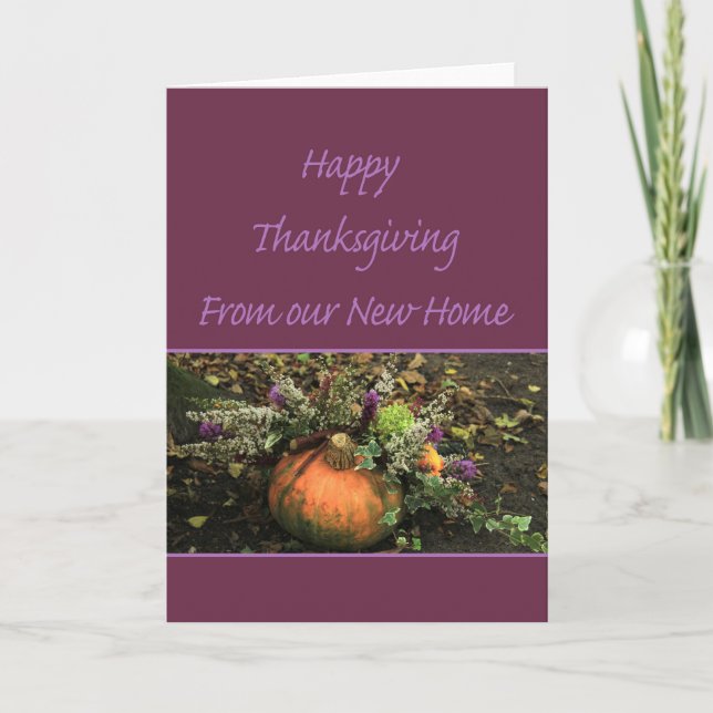 new home    Happy Thanksgiving   pumpkin in purple Holiday Card (Front)