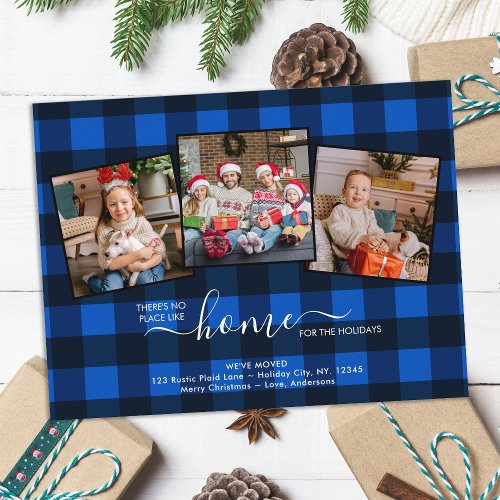 New Home Holiday 3 Photo Blue Plaid Moving Card   