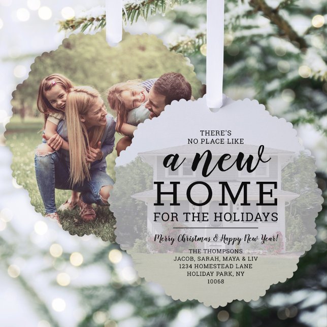 New Home Holiday Address Change 2 Photo Christmas Ornament Card (Creator Uploaded)