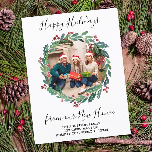 New Home Holidays Greenery Wreath Photo Moving Holiday Postcard