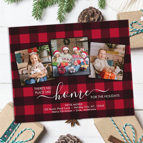 New Home Holidays Red Plaid 3 Photo Moving Card   