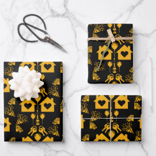 New Home Housewarming Yellow On Black Wrapping Paper Sheets