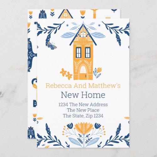 New Home Hygge Blue Yellow House and Flowers Invitation