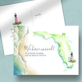 Florida state map navy blue watercolor home moving announcement postcard