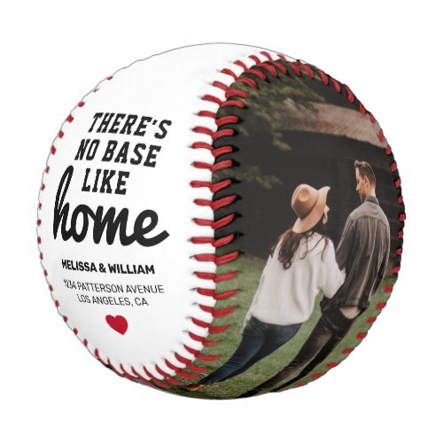 New Home Keepsake Photo Baseball - Personalized home display baseball featuring the saying "there's no base like home", your names, new address, and a red heart. Plus 2 photos for you to change to your own making this a unique housewarming gift.