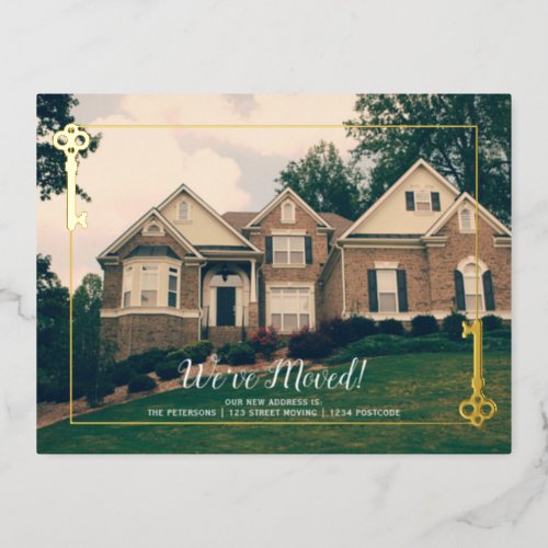 New Home key moving gold Upload your photo Foil Invitation Postcard