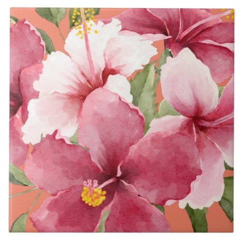 New home living elegant watercolor flowers pink ceramic tile