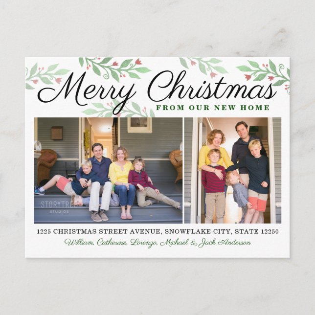 New Home Merry Christmas  2 Photo Holiday Moving Announcement Postcard (Front)