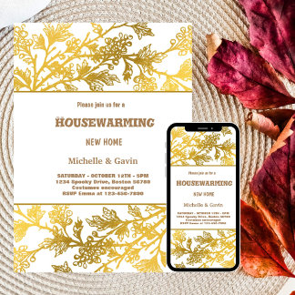 New home modern gold foliage housewarming invitation