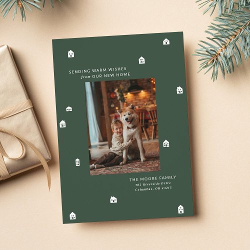 New home modern two photo green Christmas Holiday Card