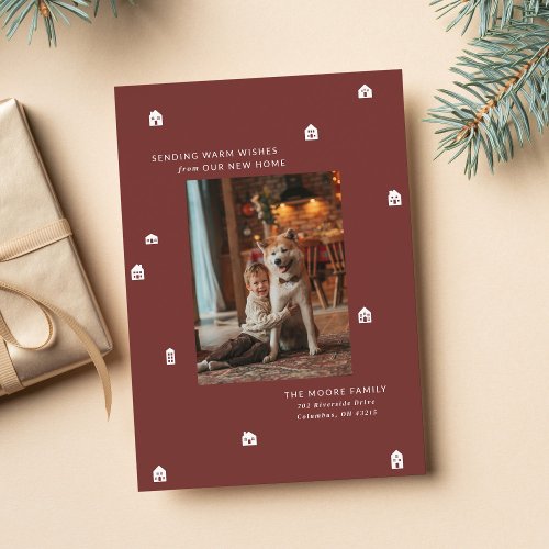 New home modern two photo maroon Christmas Holiday Card