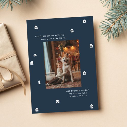 New home modern two photo navy Christmas Holiday Card